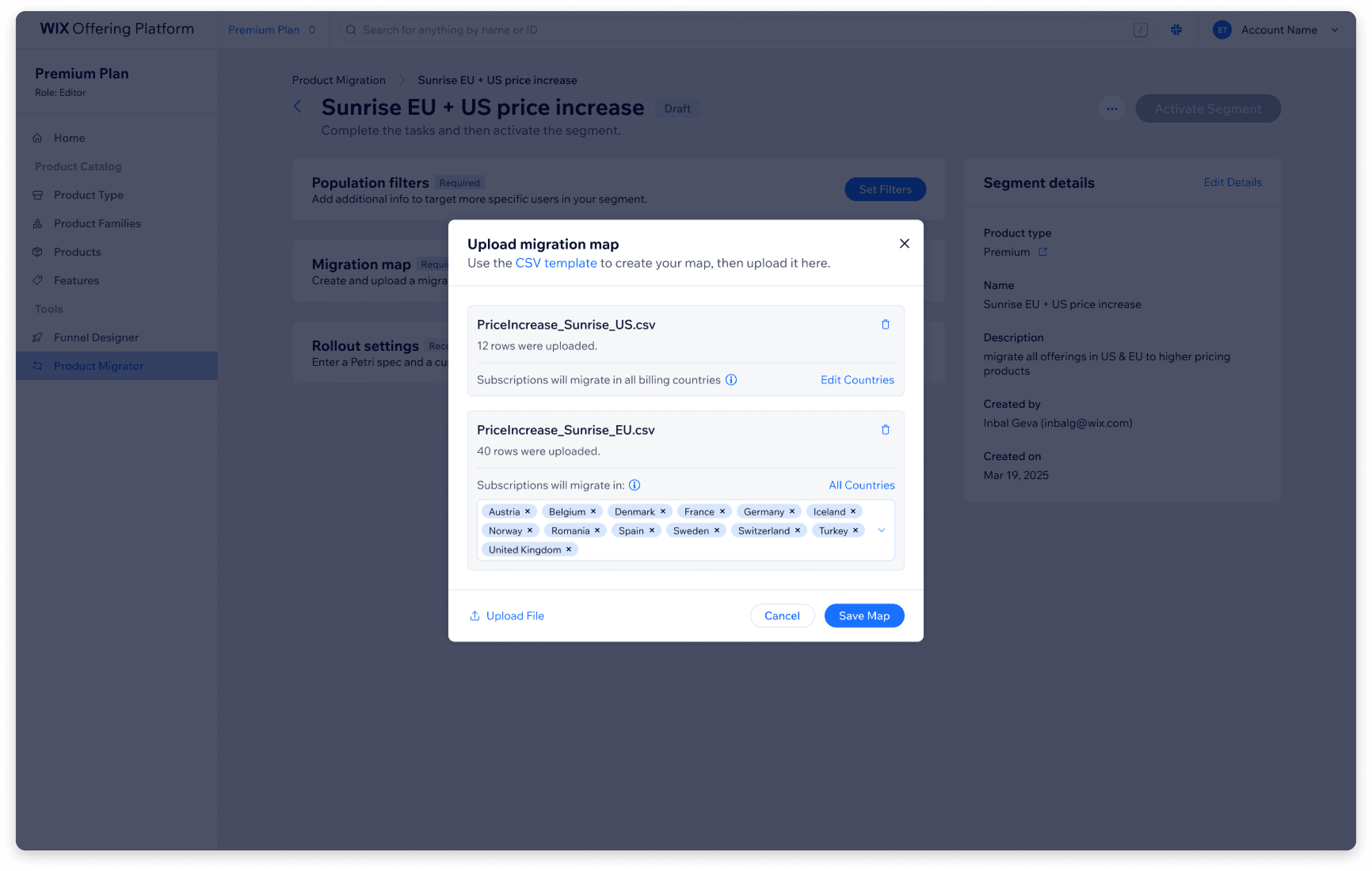    Add migration map modal. CSV template is opened as a Google Sheets file in a new tab.