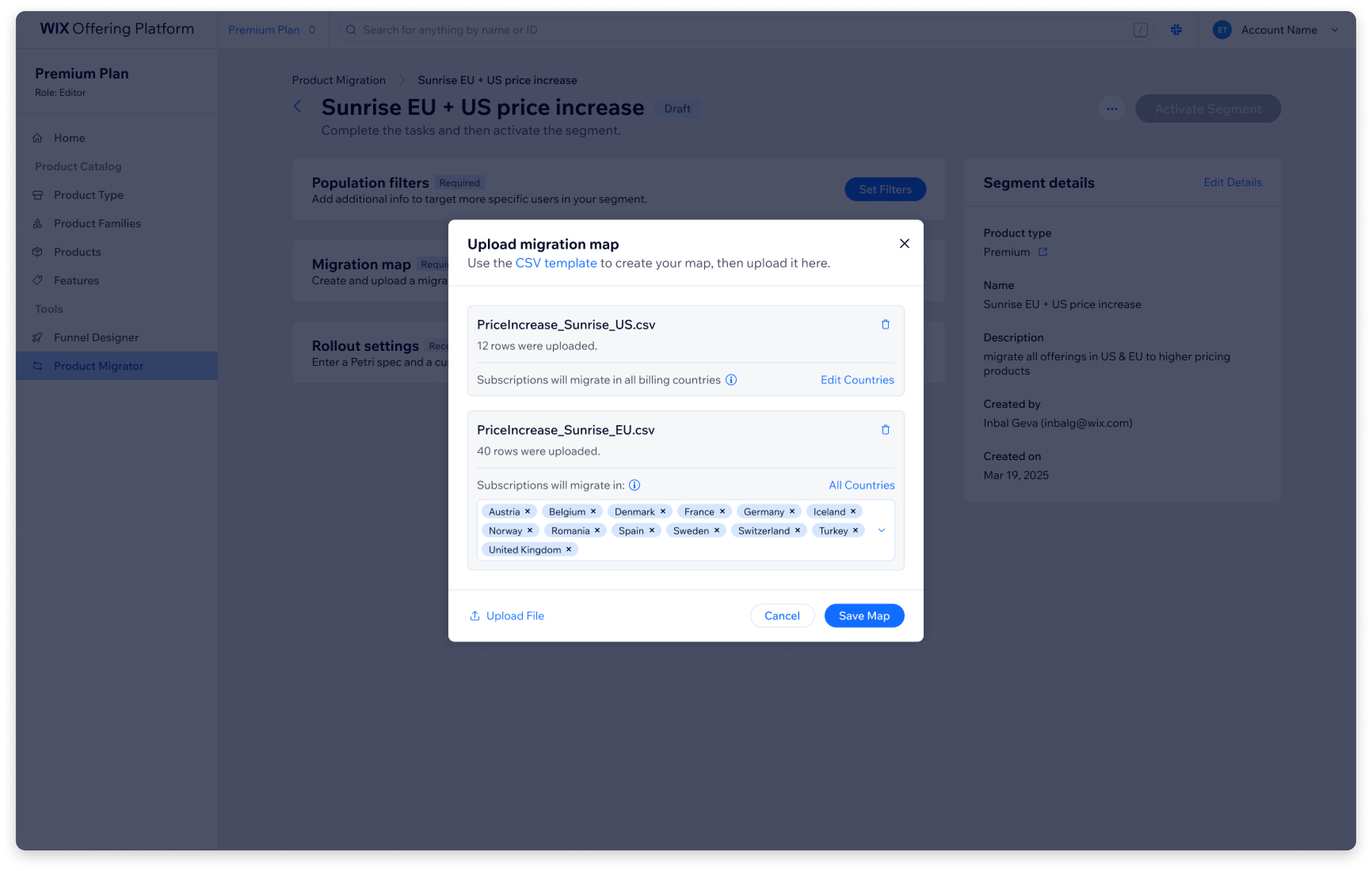 Add migration map modal. CSV template is opened as a Google Sheets file in a new tab.