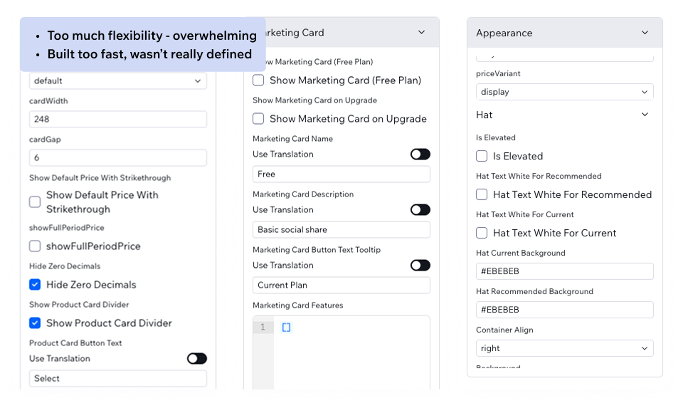 The configuration panels of the hackathon’s version of the studio - overwhelming