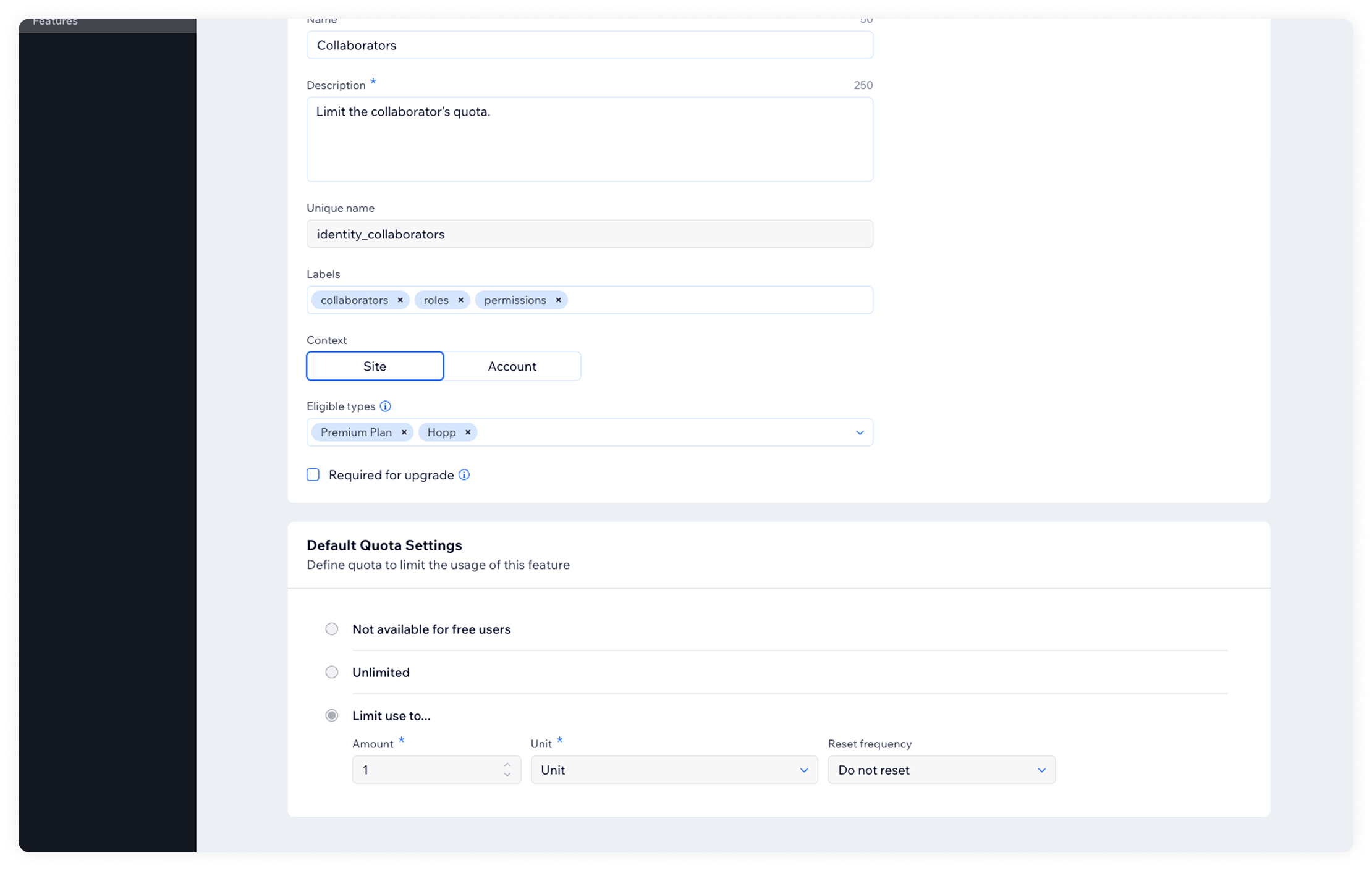 Before - Feature settings